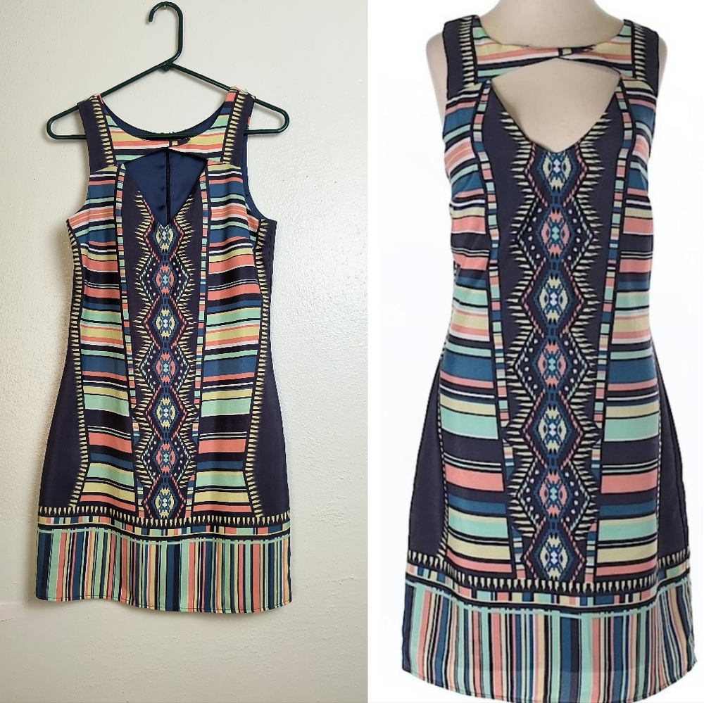 Lavender Brown Keyhole Bodycon Dress Women's Small S Multi Color Boho Ethnic